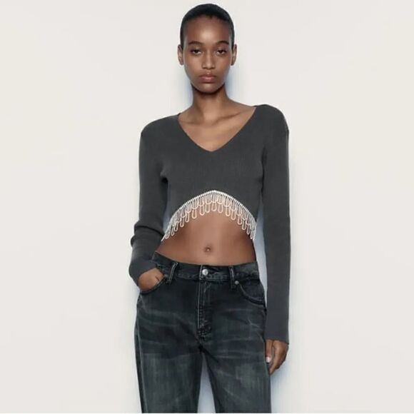 ZARA RHINESTONE SOFT CROP TOP - Picture 8 of 12